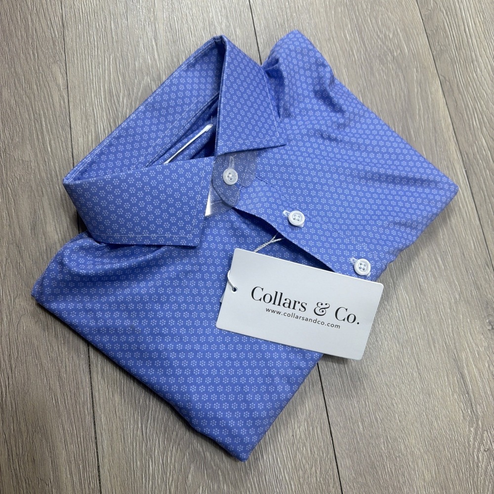 Collars And Co Shirt Men Small Firm Dress Polo Featherweight Blue Golf AOP New!